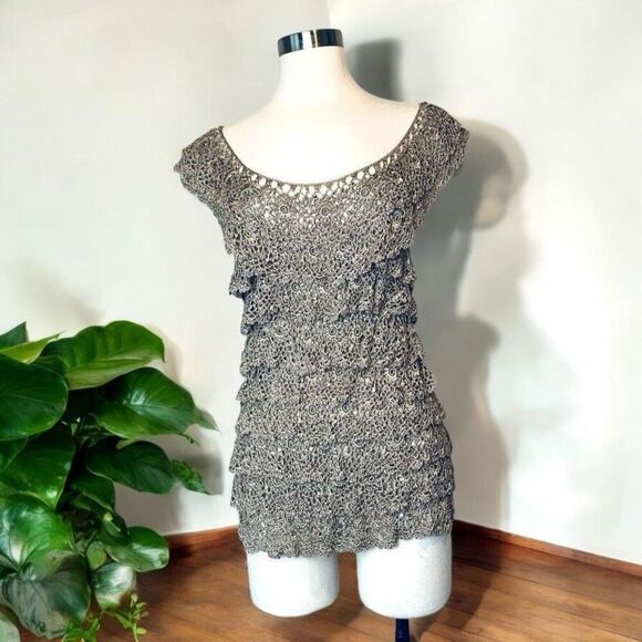 Banana Republic Tan Crochet Woven Lace Top Shirt M/L Knit Tiered - Picture 1 of 8